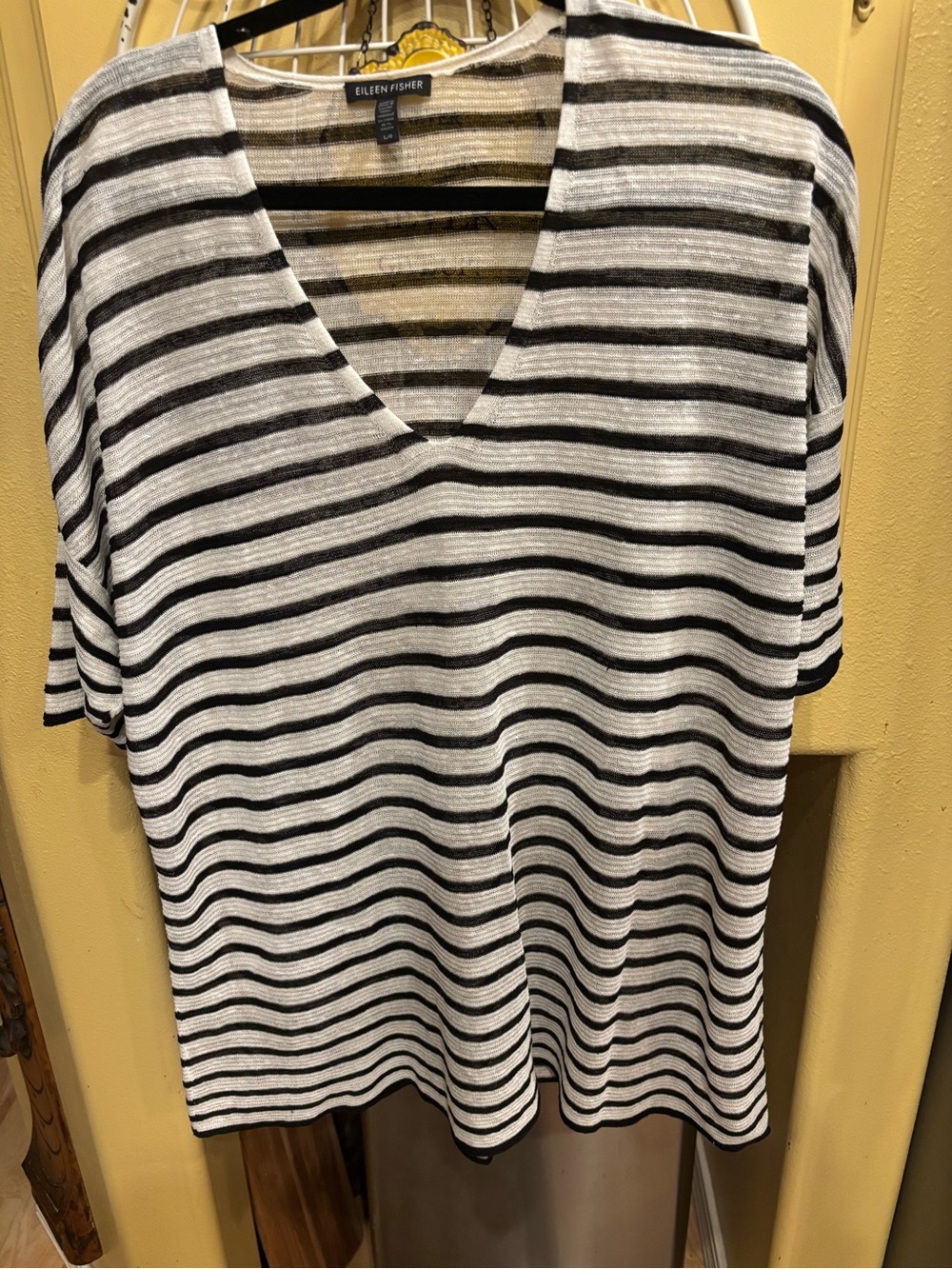 Eileen Fisher Black and White Striped V-Neck Short Sleeve Top